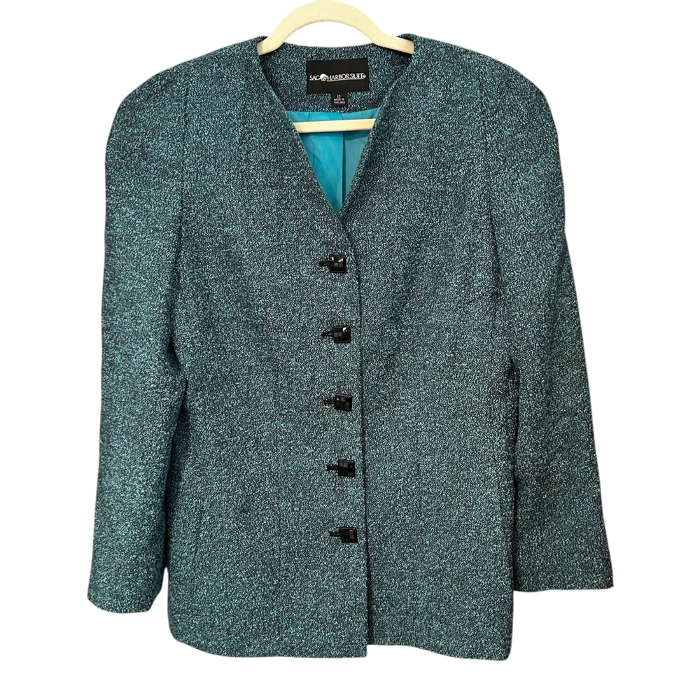 Sag Harbor Suit Blazer Mint Black Woven Fabric 5-Button Lined Pads Size 12